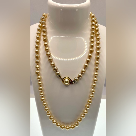 Vintage Jewelry - Vintage Long 30” Strand of Champagne Glass Pearls Knotted Layering